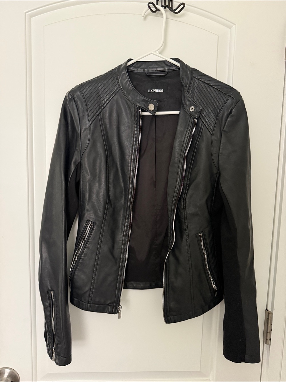 Express Black Leather Moto Jacket with Quilted Shoulders